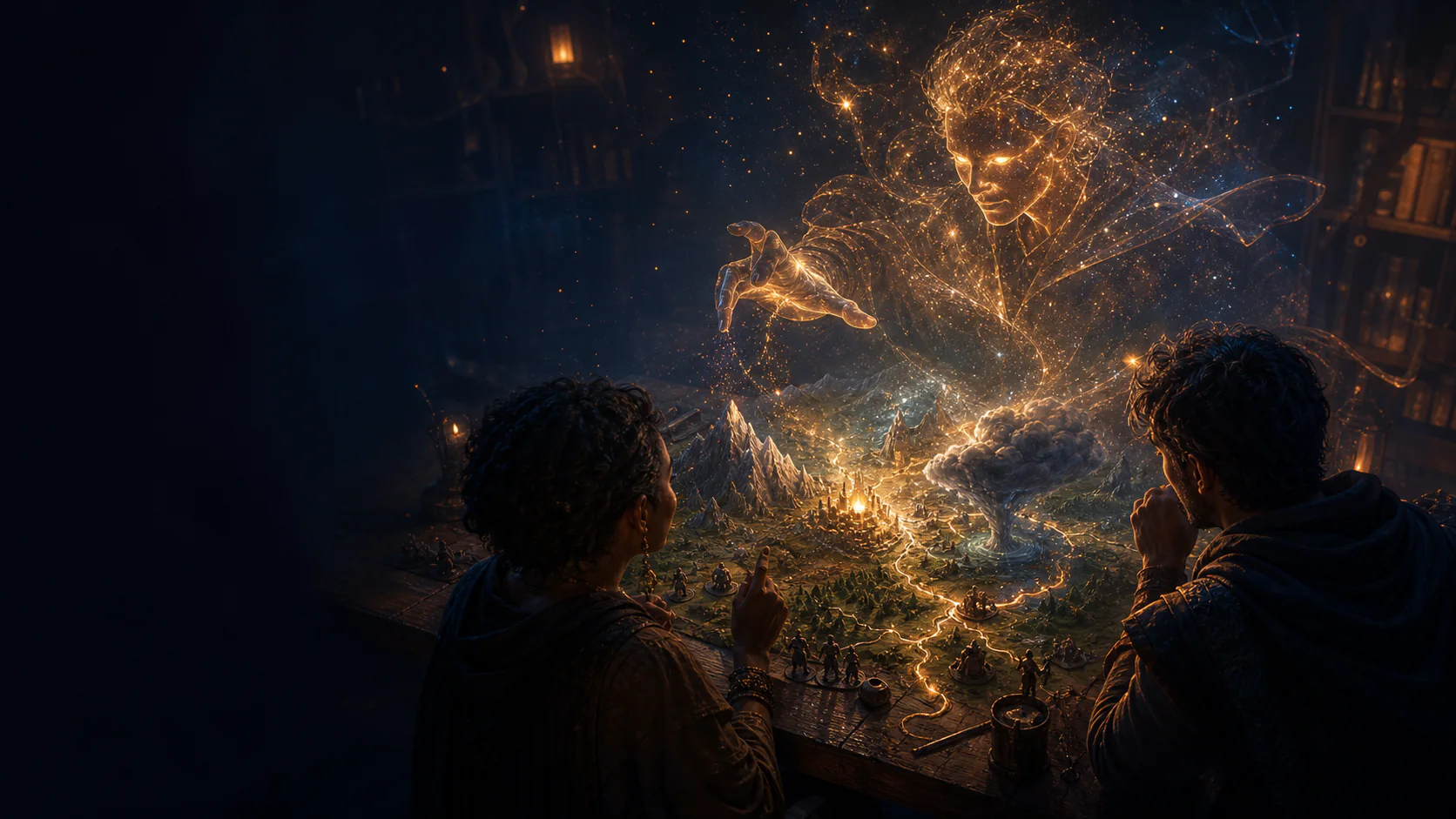 A mysterious game master shaping a luminous world map as an adventurer decides what to do next