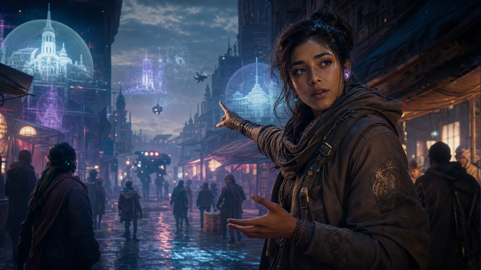 An original AI companion listening to a player and preparing to act inside a science-fiction game world