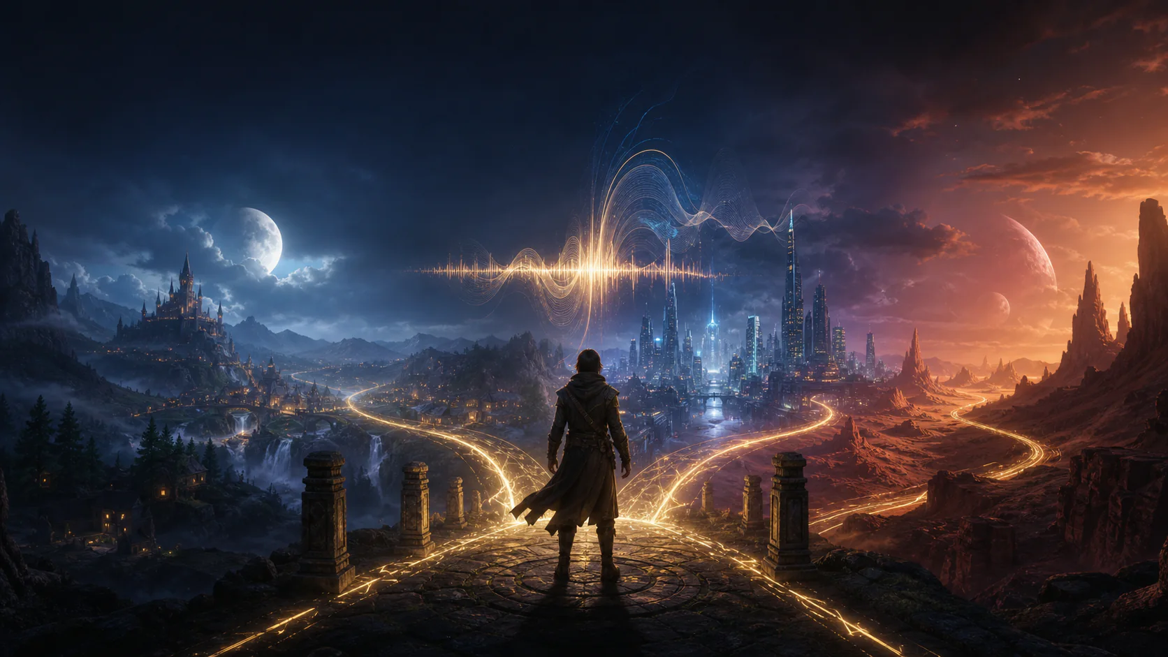 An adventurer speaking at the threshold of several responsive fantasy and science-fiction worlds