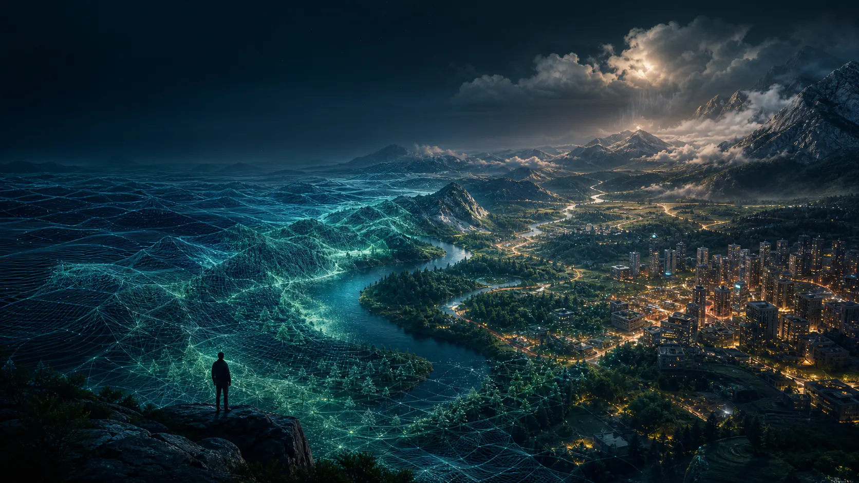 A coherent city and landscape unfolding from luminous simulation layers into an explorable world